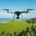 Drone terbang di atas pantai Bali dengan sawah hijau