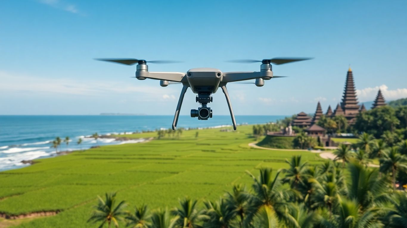 Drone terbang di atas pantai Bali dengan sawah hijau