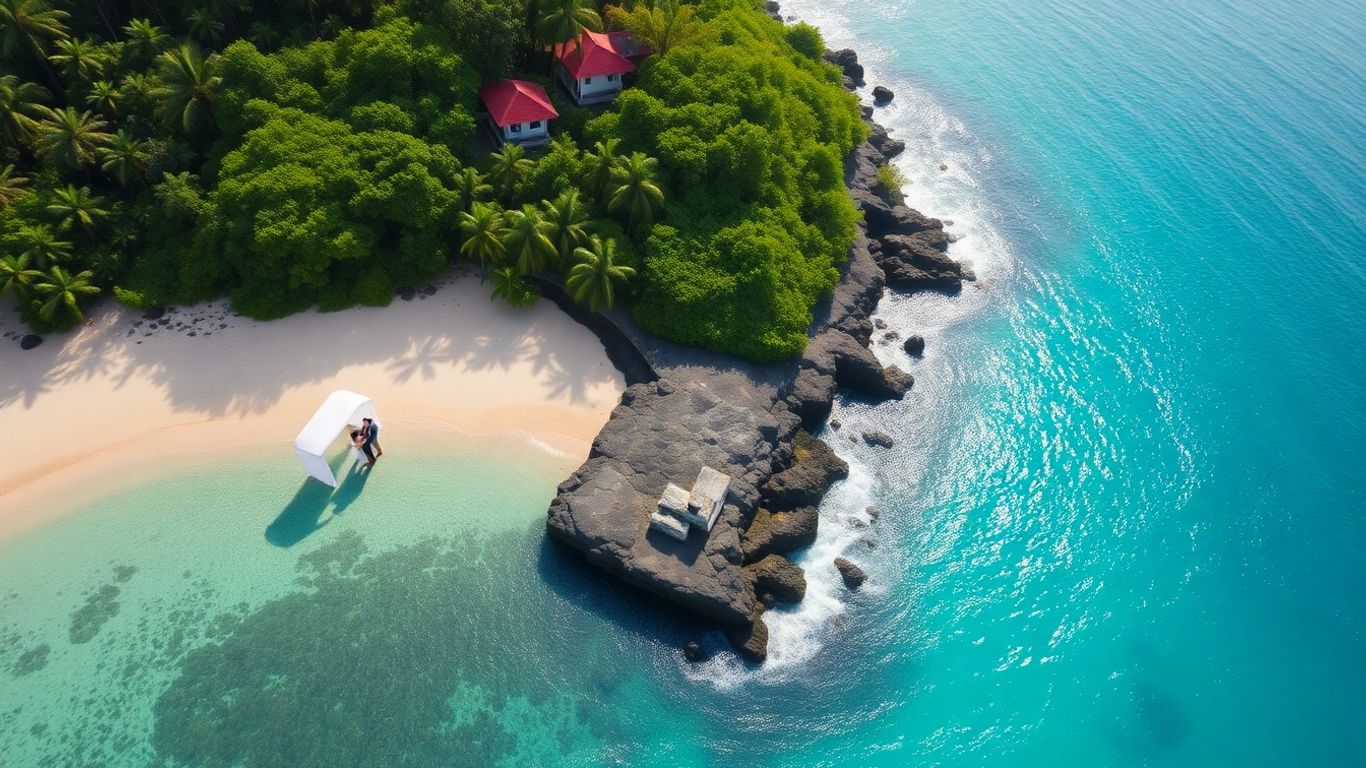 Pasangan menikah di pantai Bali dilihat dari drone