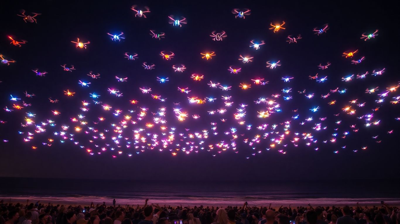 Festival drone Bali di malam hari dengan drone berwarna-warni.