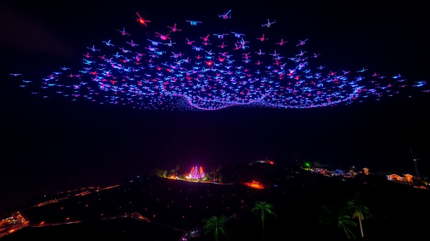 Pertunjukan drone cahaya di langit malam Bali.