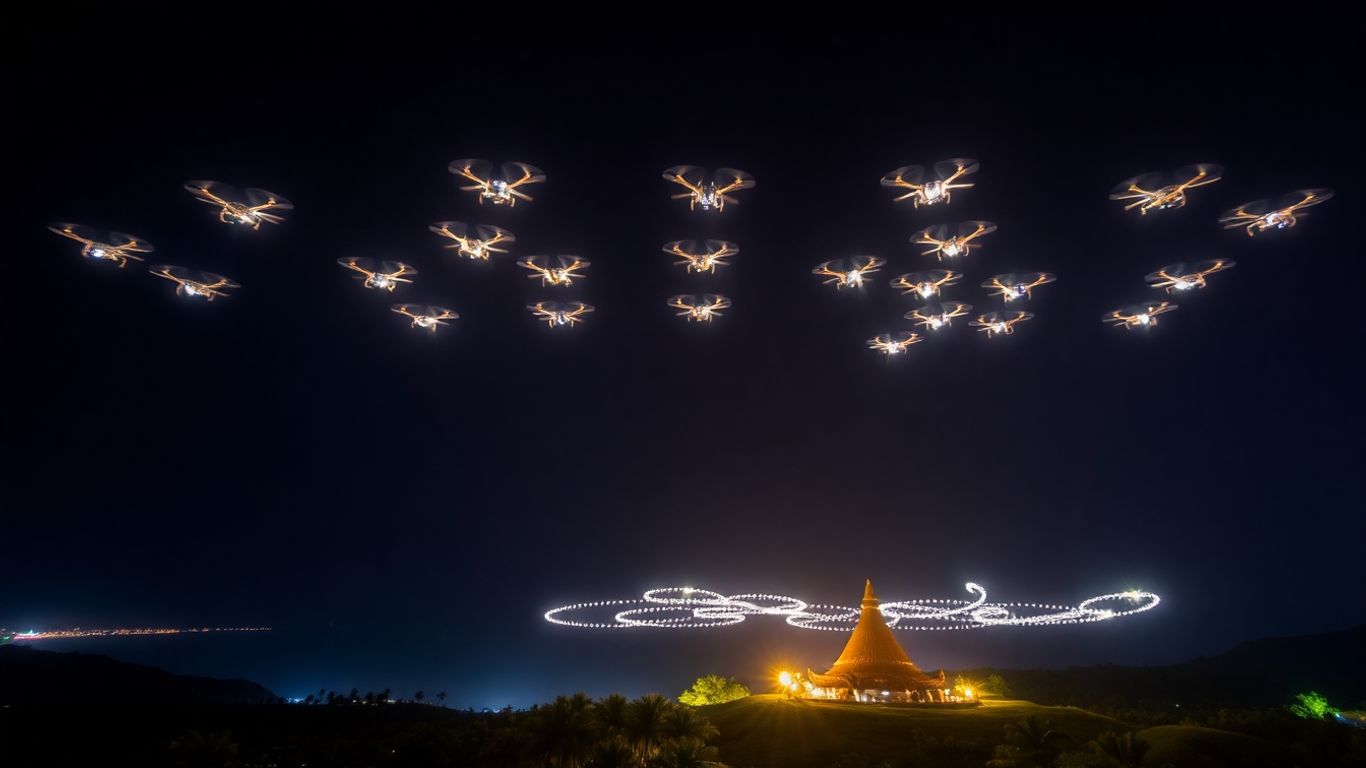 Pertunjukan drone di langit malam Bali yang memukau.